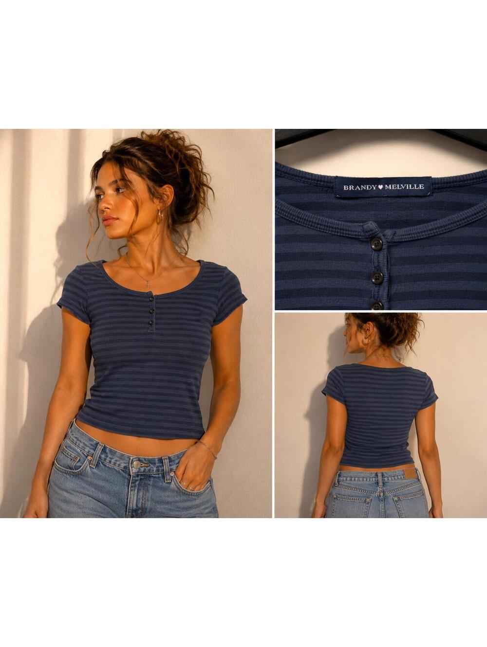 Brandy Melville Navy Blue Striped Button-Up Short Sleeve Top One Size